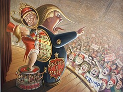 APPEALING TO THE MASSES :  In his piece 'Trump-O-Matic,' Mark Bryan likens Trump to the Wizard of Oz, hiding behind a puffed up version of himself as he literally and figuratively pushes buttons to appeal to voters, all while standing on a political platform that oppresses Muslims and Mexicans. - IMAGE COURTESY OF MARK BRYAN