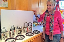 NOT MY CUP OF TEA:  Australian Artist Jan Dungan shows off her &ldquo;despots&rdquo; at her home in Arroyo Grande. Each ceramic teapot features a depiction of figures like Donald Trump, Fidel Castro, and Adolph Hitler. - PHOTO BY RYAH COOLEY