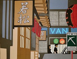 STREETS OF TOKYO:  The contrasting colors in Ryan Carroll&rsquo;s 'Late Autumn, Tokyo Alley' make the piece pop and give it a three-dimensional feel. - IMAGE COURTESY OF GALLERY AT MARINA SQUARE
