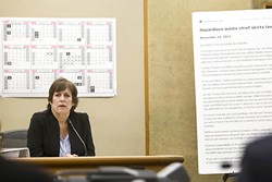 SELF-DEFENSE:  CalCoastNews owner Karen Velie takes the stand to defend the merits of a 2012 article she wrote with co-founder Dan Blackburn about local businessman Charles Tenborg. The trial in the defamation lawsuit he filed against the website concluded on March 15. - PHOTO BY JAYSON MELLOM