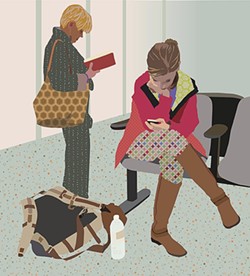 WAITING:  In artist Julie Frankel&rsquo;s piece, 'Airport Sunset,' one woman reads and another checks her phone while waiting at the LAX Airport in Los Angeles. - IMAGES BY JULIE FRANKEL