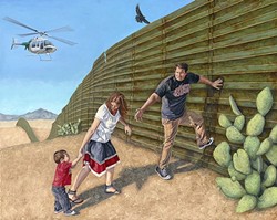 PURSUIT OF HAPPINESS:  he oil painting 'In Search of a New Home' by artist Eric Almanza depicts a young Mexican family trying to cross the wall that might one day be built along America&rsquo;s southern border as part of a campaign promise made by President Donald Trump. - IMAGE COURTESY OF STUDIOS ON THE PARK