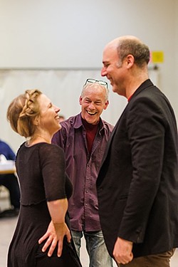 OUT OF THE CHAIR :  Brad Carroll (center) wears many theatrical hats. He co-wrote Lend Me a Tenor the Musical and is now directing the show at PCPA, working closely with fellow resident artists Karin Hendricks (left) and Erik Stein (right). - PHOTO BY JAYSON MELLOM