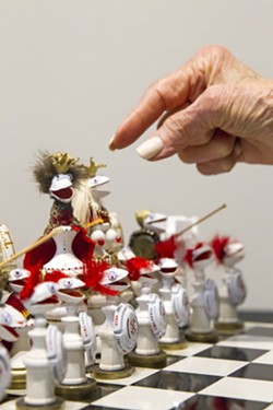 REACHING OUTSIDE Paso Robles artist Hellie Blythe is not your standard landscape painting Central Coast artist. Making pistachio shell tableaus such as this chess set is one of her preferred creative outlets. - PHOTO BY JAYSON MELLOM