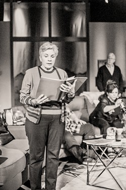 PUTTING IT OUT THERE Polly (Mary-Ann Maloof, foreground) reads her daughter's soon to be published book that explores a family tragedy while her sister Silda (Cynthia Anthony) and husband Lyman (John Laird) look on. - PHOTO COURTESY OF WINE COUNTRY THEATRE