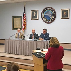 THREE-MAN RACE Incumbent SLO County 2nd District Supervisor Bruce Gibson (left), attorney Patrick Sparks (middle), and Morro Bay business owner Jeff Eckles (right) answered voter questions at a candidate forum in the Morro Bay Vets Hall on April 20. - PHOTO BY PETER JOHNSON