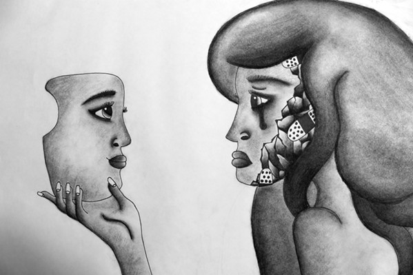 A BRAVE FACE Masks, a charcoal drawing by Alexandra Kelso, grapples with the feeling of trying to act like everything is fine while also struggling with mental illness. - IMAGE COURTESY OF ALEXANDRA KELSO