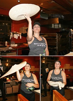 THAT PIZZA, DOUGH Woodstock's Pizza employee Ana&iuml;s Fay flings pizza dough into the air with alarming accuracy, even while most of SLO is tucked into bed. - PHOTOS BY HAYLEY THOMAS CAIN