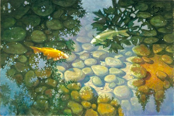 ONE FISH, TWO FISH Los Osos-based artist David Kreitzer frequently paints the koi fish in the ponds at the Paso Robles Inn in pieces like Two Head-On Koi. - IMAGE COURTESY OF DAVID KREITZER