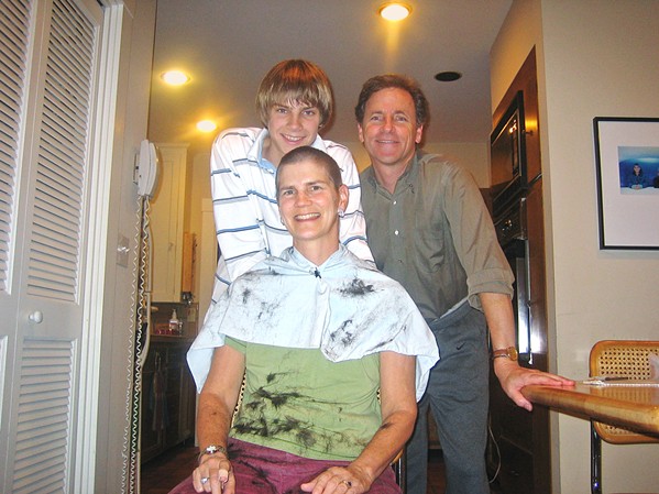 FAMILY FIGHT My family decided to turn the disturbing reality of my mom's hair loss from chemotherapy into a light-hearted group haircut. Pictured are my dad, Bill; my mom, Terri; and me in early 2006. - PHOTO COURTESY OF TERRI LOBDELL