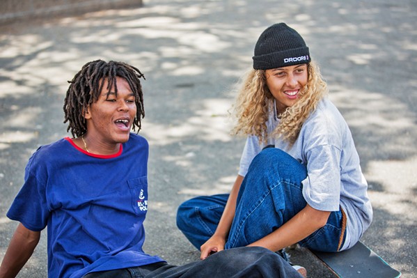 ROLE MODELS? Skateboarders Ray (Na-Kel Smith, left) and Fuckshit (Olan Prenatt) become competing role models for a troubled 13-year-old, in Mid90s. - PHOTO COURTESY OF A24