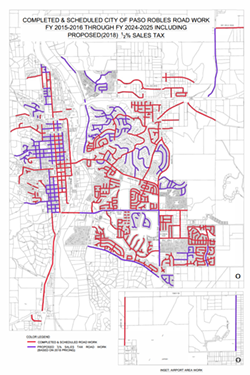 REPAIRS NEEDED Paso Robles voters rejected Measure K, a sales tax increase that would have gone towards fixing roads (highlighted in purple). - PHOTO COURTESY OF THE CITY OF PASO ROBLES