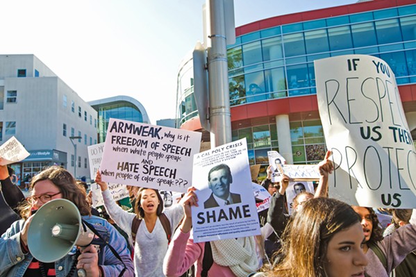 UNRAVELING HATE SPEECH Students at Cal Poly protested hate speech incidents at the end of the 2017-18 school year and called for the university's president to do more. - FILE PHOTO BY JAYSON MELLOM
