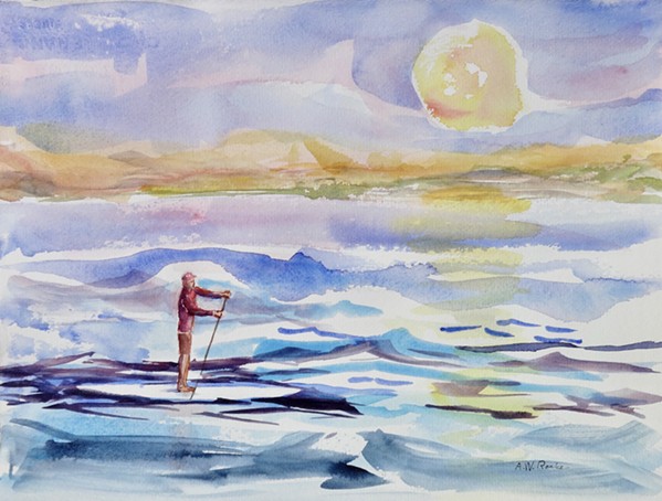 WATER AND LIGHT Paso Robles artist Alice Ronke took inspiration from the movement of the waves and paddleboarders at Cayucos beach when she created the watercolor painting, Paddleboarding. - IMAGE COURTESY OF ALICE RONKE