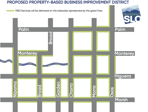 BOUNDARIES The proposed boundaries for a Property-Based Improvement District in downtown SLO are outlined in green. If approved by the majority of properties within it, the district would generate $400,000 per year for Downtown SLO. - MAP COURTESY OF DOWNTOWN SLO