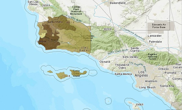 POWER DEPENDENT Data collected by the U.S. Department of Health and Human Services show which portions of Santa Barbara County are most dependent on electricity. The darker portions on the map show higher concentrations of individuals who rely on electric medical devices. - MAP COURTESY OF U.S. DEPARTMENT OF HEALTH AND HUMAN SERVICES