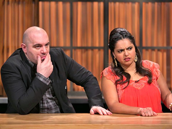 CAN'T LOOK AWAY Recurring Chopped judges Chris Santos (left) and Maneet Chauhan (right) watch in horrified agony as competitors make insane decisions, which is pretty much how I feel sometimes when watching the show. - PHOTO COURTESY OF FOOD NETWORK