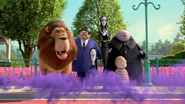 NOT CREEPY AND KOOKY ENOUGH (Left to right) Kitty Kat, Gomez (voiced by Oscar Isaac), Wednesday (voiced by Chlo&euml; Grace Moretz), Morticia (voiced by Charlize Theron), Pugsley (voiced by Finn Wolfhard), and Uncle Fester (voiced by Nick Kroll) watch as their relatives arrive for a celebration. - PHOTOS COURTESY OF METRO-GOLDWYN-MAYER
