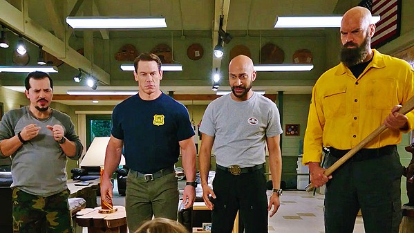 UNPREPARED A group of tough-as-nails firefighters (left to right: John Leguizamo, Michael Cena, Keegan-Michael Key, and Tyler Mane) are out of their element when they have to take care of three rescued kids, in Playing with Fire. - PHOTO COURTESY OF NICKELODEON MOVIES