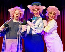 BACON BITS Mike Fiore, Ben Abbott, and Sydni Abenido (left to right) play the titular hammy heroes in "The Three Little Pigs," a hilarious operetta that follows A Christmas Carol. - PHOTOS COURTESY OF DAN SCHULTZ