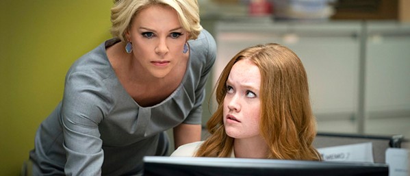 START SPREADING THE NEWS Megyn Kelly (Charlize Theron) and her assistant, Lily (Liv Hewson), react to the revelation that Gretchen Carlson has accused Fox News CEO Roger Ailes of sexual harassment. - PHOTOS COURTESY OF LIONSGATE