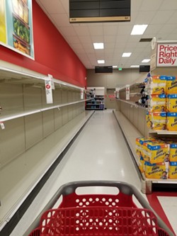 SOLD OUT Emergency supplies like toilet paper are stripped off many local store shelves, like Target’s in San Luis Obispo, as locals prepare for the novel coronavirus. - PHOTO BY ANDREA ROOKS