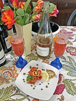 BELLINI WITH SALMON  First stop on this virtual wine adventure: the Riverbench Vineyard &amp; Winery 2017 brut ros&eacute; with smoked salmon (as prepared in-house, by my husband, Greg). - PHOTOS BY BETH GIUFFRE