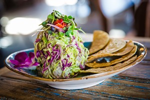 HAPPY-TIZER Grab an ahi crudo&mdash;sushi grade ahi, avocado, shaved cabbage, cilantro crema, and a lime vinaigrette with crisp corn tostadas&mdash;to start your meal off right at the Best North County Restaurant, Fish Gaucho in Paso Robles. - PHOTO BY JAYSON MELLOM
