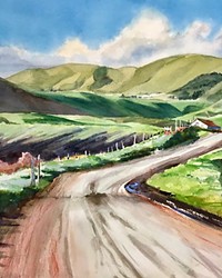 TEMATATE RIDGE FOOTHILLS This 15-by-22-inch watercolor depicts an area southeast of Arroyo Grande, one of Rosanne Seitz's many plein air paintings created on location during the pandemic.