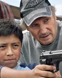 BREATHE OUT AND SQUEEZE Arizona rancher Jim Hanson (Liam Neeson, right) helps Miguel (Jacob Perez) escape a Mexican drug cartel trying to kill him, in The Marksman, now available at Redbox.
