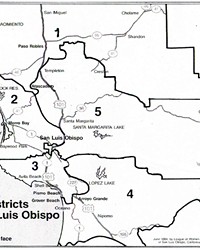 DISTRICT DEBATE SLO County’s five supervisorial districts (pictured) are up for debate, as the Board of Supervisors held its first redistricting hearing on July 20.