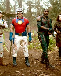 SUICIDAL A team of criminals&mdash;including (left to right) Polka Dot Man (David Dastmalchian), Peacemaker (John Cena), Bloodsport (Idris Elba), and Ratcatcher 2 (Daniela Melchior)&mdash;are recruited for an impossible mission, in The Suicide Squad.