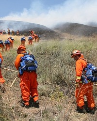 HEAT OF THE MOMENT :  An inmate fire crew, led by California Department of Forestry officers (in the yellow suits), worked to safeguard a burned site from reigniting on Cuesta Grade.