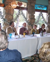 TALKING RADIO :  Listenership for "progressive" content on local airwaves is increasing, according to a recent panel that included (left to right) John Soares of Cal Poly, Dick Mason of KYNS, Guy Rathbun of KCBX, KYNS advertiser Kathleen Wafer of Morin Bros. Automotive, and Nancy Leichter of KYNS.