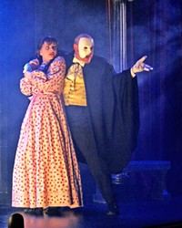 THINK OF THEM Franklin (Tim Stewart) fights to save his true love Christine (Katie Worley Beck, left) from the Phantom (Beau Heckman, right) in the Great American Melodrama's production of The Phantom of the Melodrama.