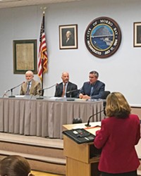 THREE-MAN RACE Incumbent SLO County 2nd District Supervisor Bruce Gibson (left), attorney Patrick Sparks (middle), and Morro Bay business owner Jeff Eckles (right) answered voter questions at a candidate forum in the Morro Bay Vets Hall on April 20.