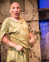 FREE! The crafty Pseudolous (Billy Breed) tries to win his freedom by helping his master get the girl of his dreams in SLO Rep's production of A Funny Thing Happened on the Way to the Forum.