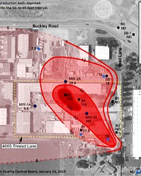 GROUND ZERO Water investigators allege that a property with a machine shop (pictured) was the source of a trichloroethylene (TCE) leak near the SLO County Airport. The darker red indicates higher levels of TCE, a carcinogen.