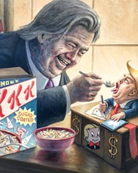 IRREVERENT Mark Bryan’s political satirical oil painting, Feeding the Baby, depict former White House Chief Strategist Steve Bannon feeding President Donald Trump a spoonful of sugar-coated KKK Cereal with Klan hood-shaped marshmallows.