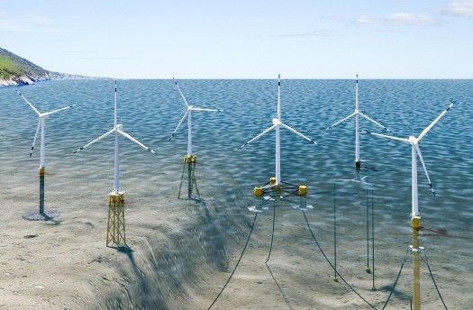 POTENTIAL LOOK East Coast wind turbines are bolted to the ocean floor by steel structures, but turbines installed off the coast of California could potentially float. - FILE RENDERING COURTESY OF BOEM